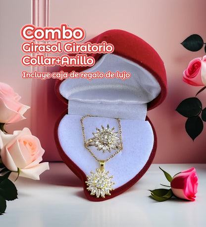 COMBO Collar y Anillo Girasol Giratorio + Caja de Lujo